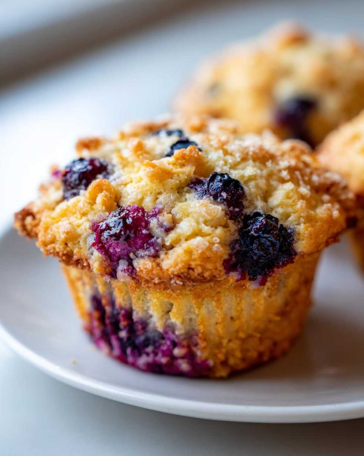 A close-up shot of a golden blueberry oatmeal muffin with a crumbly top, sitting on a white plate.