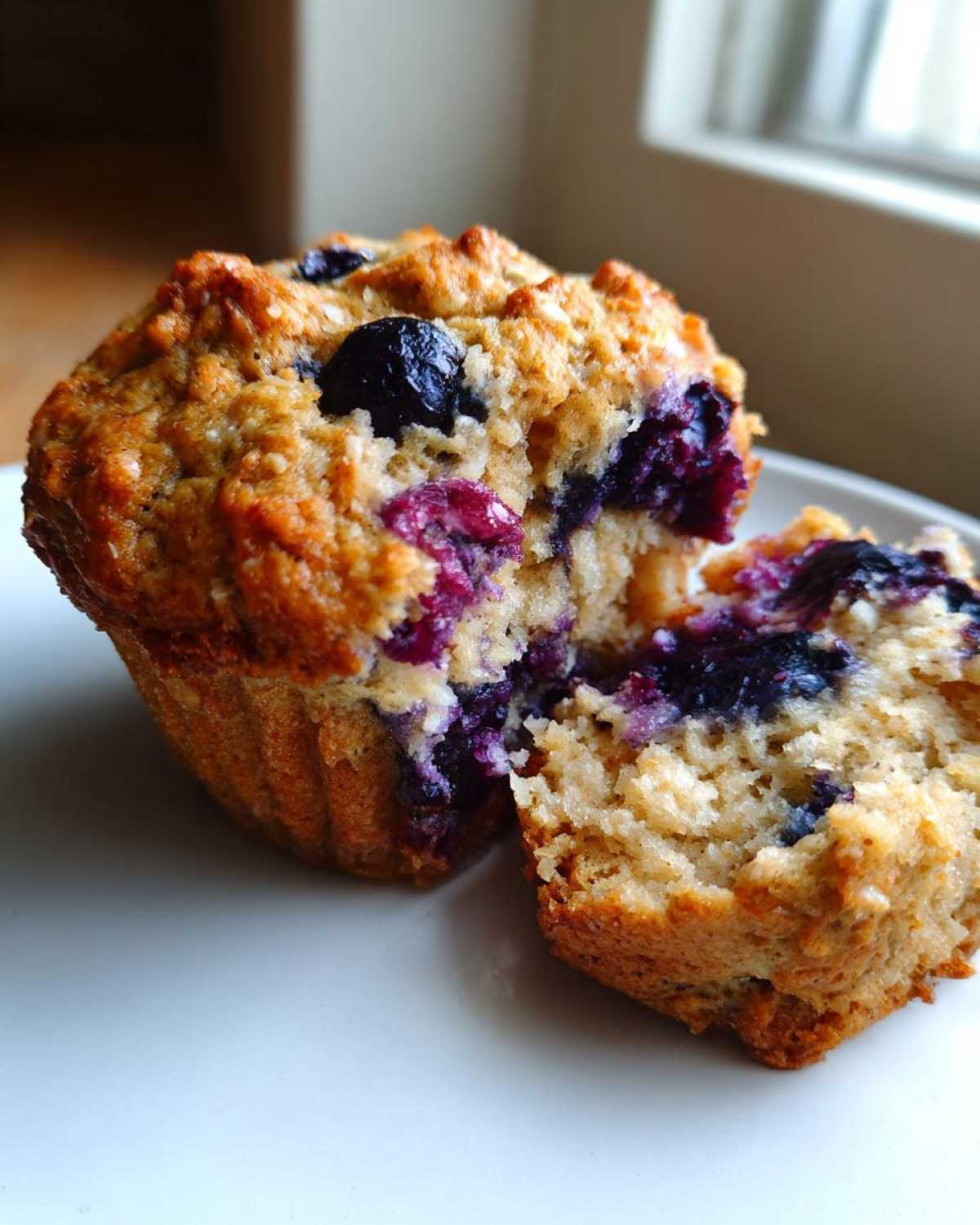 Close-up of a moist blueberry oatmeal muffin, broken open to show the soft interior and burst blueberries.