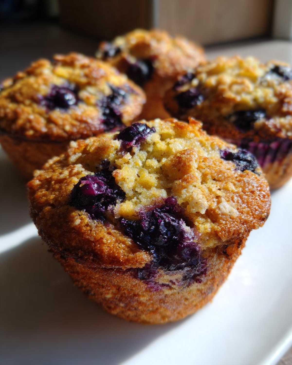 A close-up of four golden-brown blueberry oatmeal muffins, featuring juicy blueberries and a crumbly top.