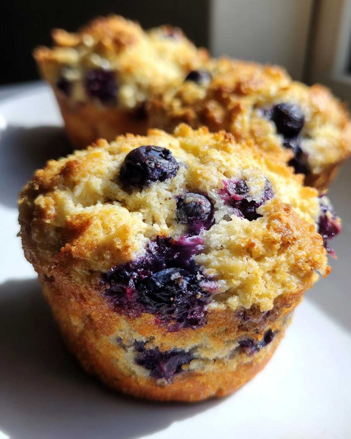 Close-up of a golden-brown blueberry oatmeal muffin with a crumbly top and visible blueberries.