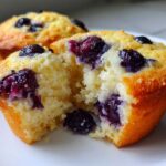 Close-up of a blueberry oatmeal muffin broken in half showing the moist crumb and juicy blueberries inside.