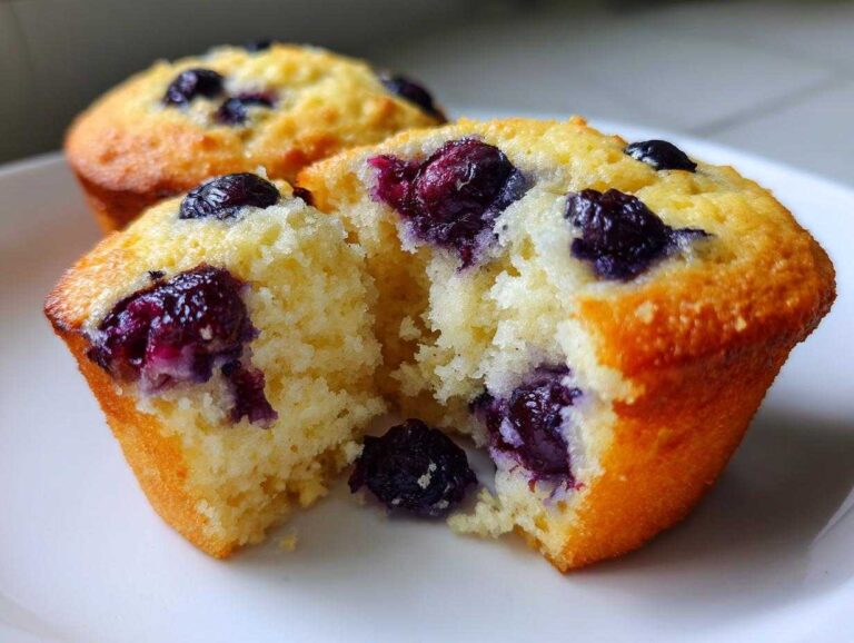 Close-up of a blueberry oatmeal muffin broken in half showing the moist crumb and juicy blueberries inside.
