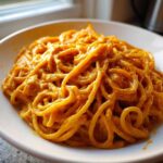 A close-up of spaghetti coated in a rich, orange butternut squash pasta sauce served in a white bowl.