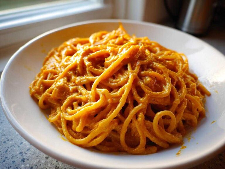 A close-up of spaghetti coated in a rich, orange butternut squash pasta sauce served in a white bowl.