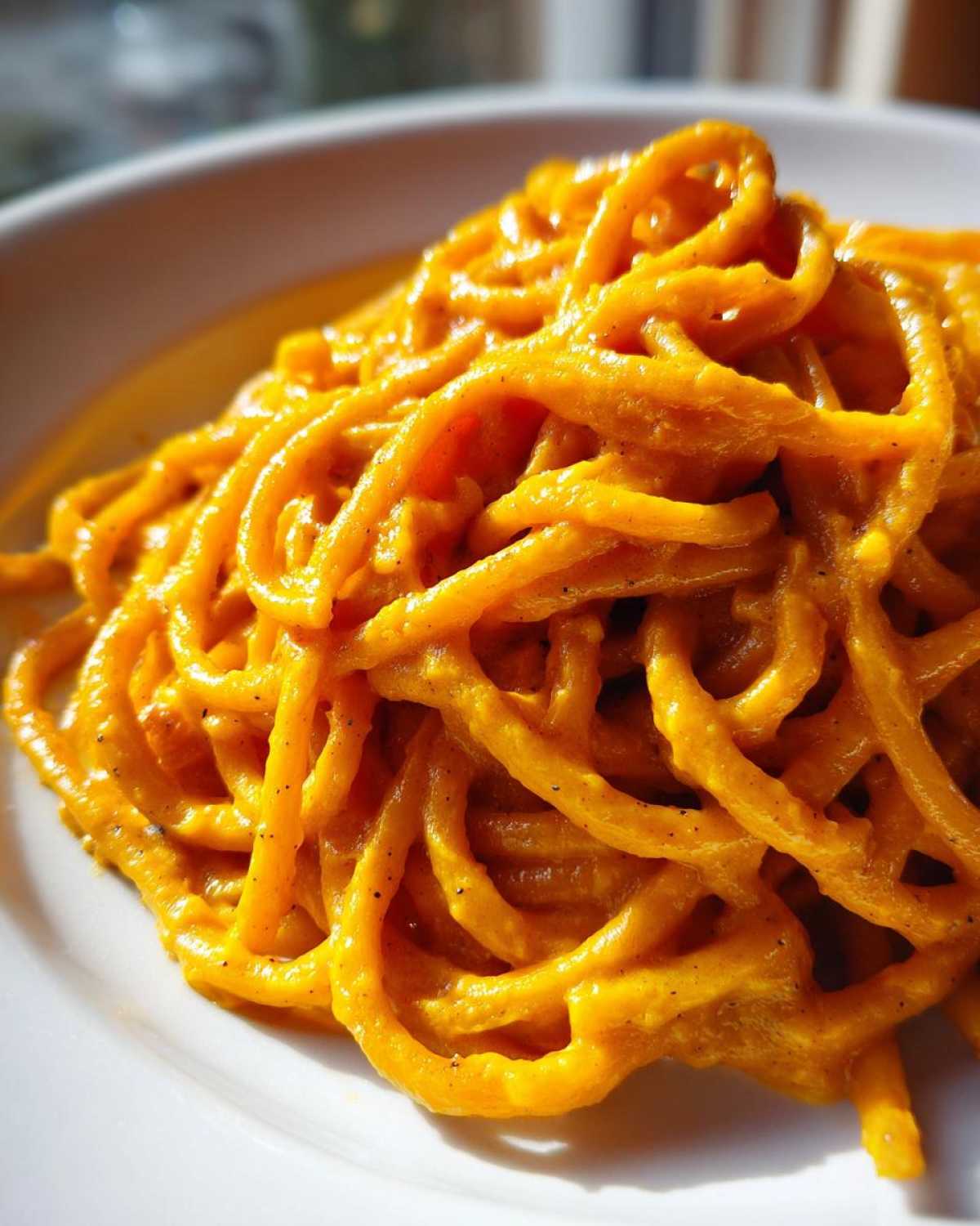 Close-up of spaghetti noodles heavily coated in a vibrant orange butternut squash pasta sauce, served on a white plate.