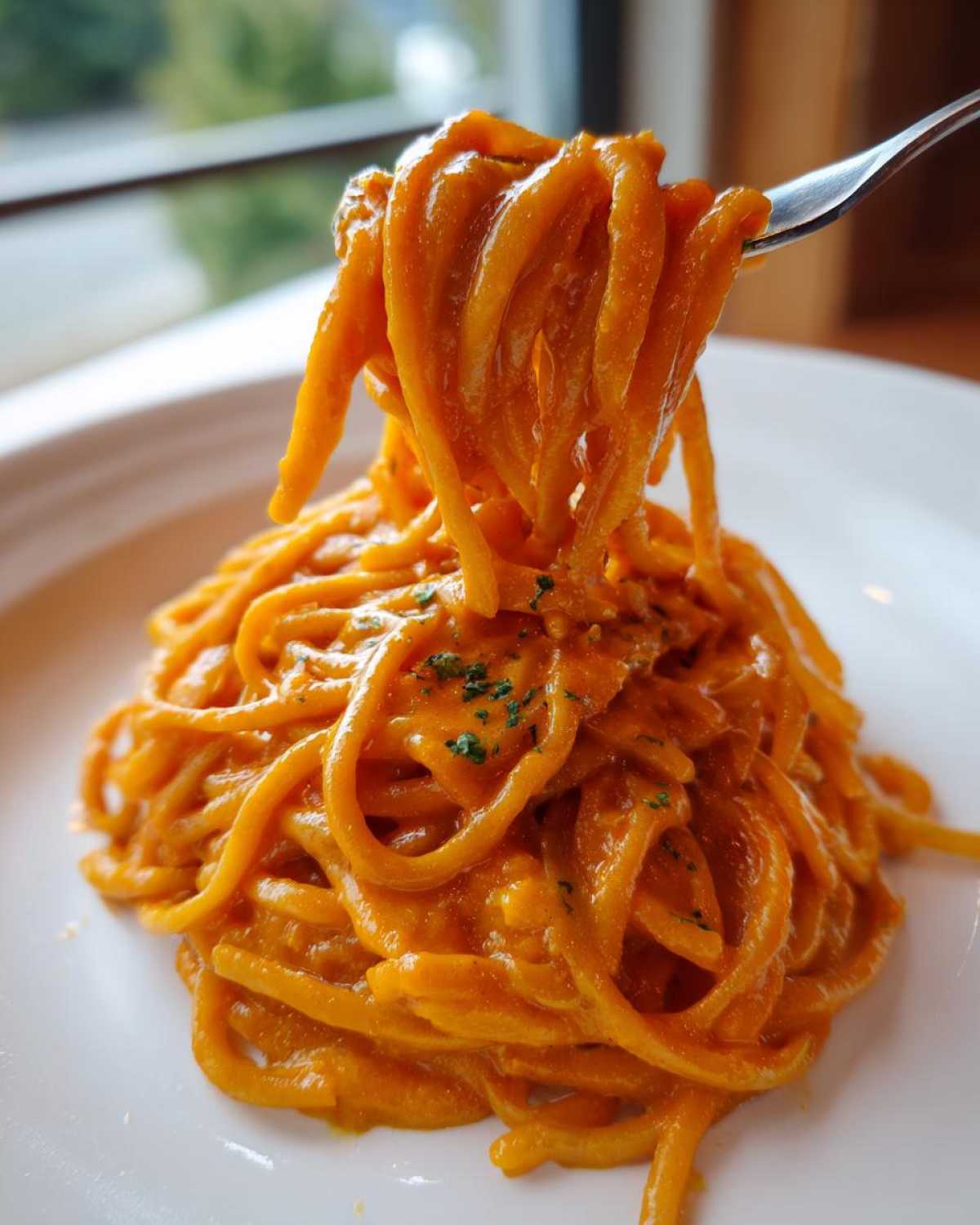 A fork lifts thick strands of spaghetti coated in vibrant orange butternut squash pasta sauce.