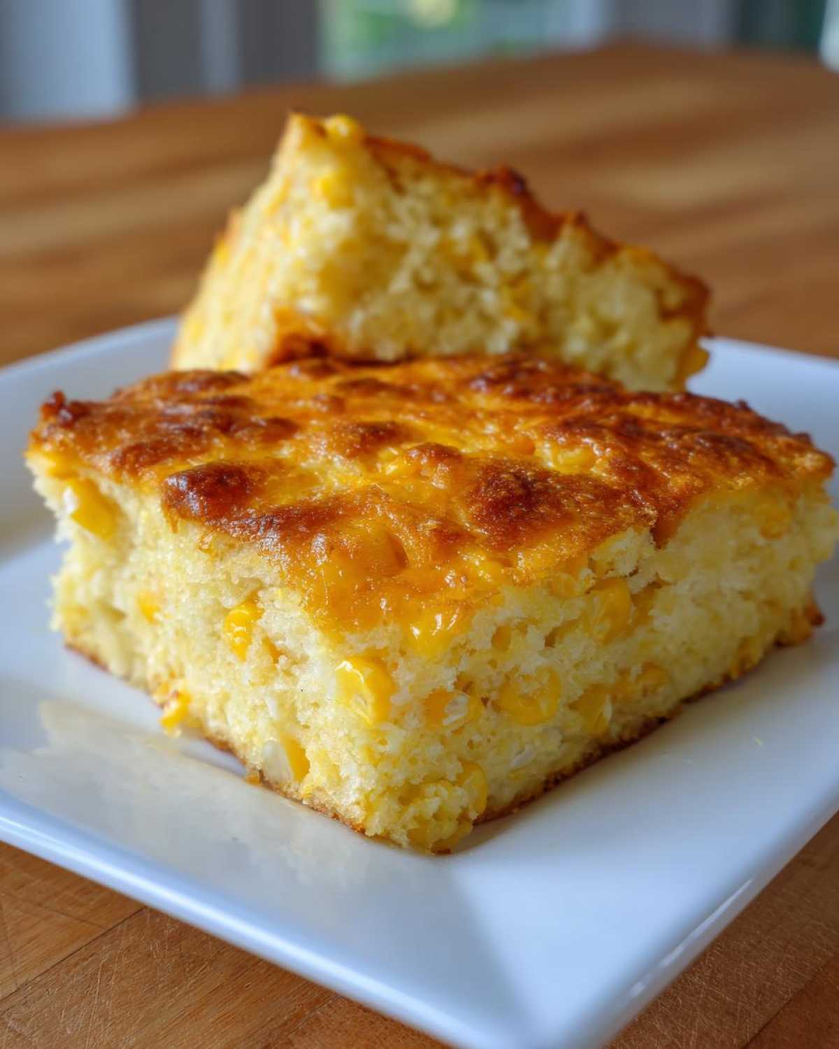 A square slice of cheesy corn casserole topped with melted, browned cheese, showing whole corn kernels inside.