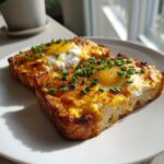 Two slices of cheesy egg toast topped with melted cheddar and fresh chives, served on a white plate.
