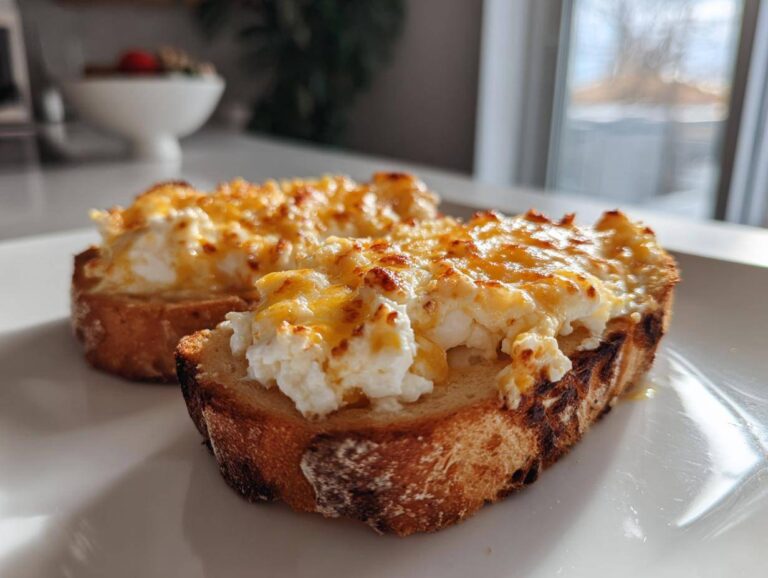 Two slices of cheesy egg toast on a white plate, featuring fluffy white egg mixture topped with melted, browned cheddar cheese.