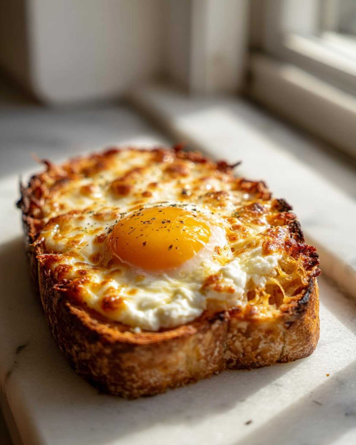 A thick slice of golden brown toast topped with melted cheese and a perfectly cooked sunny-side up egg, ready for eating egg toast.