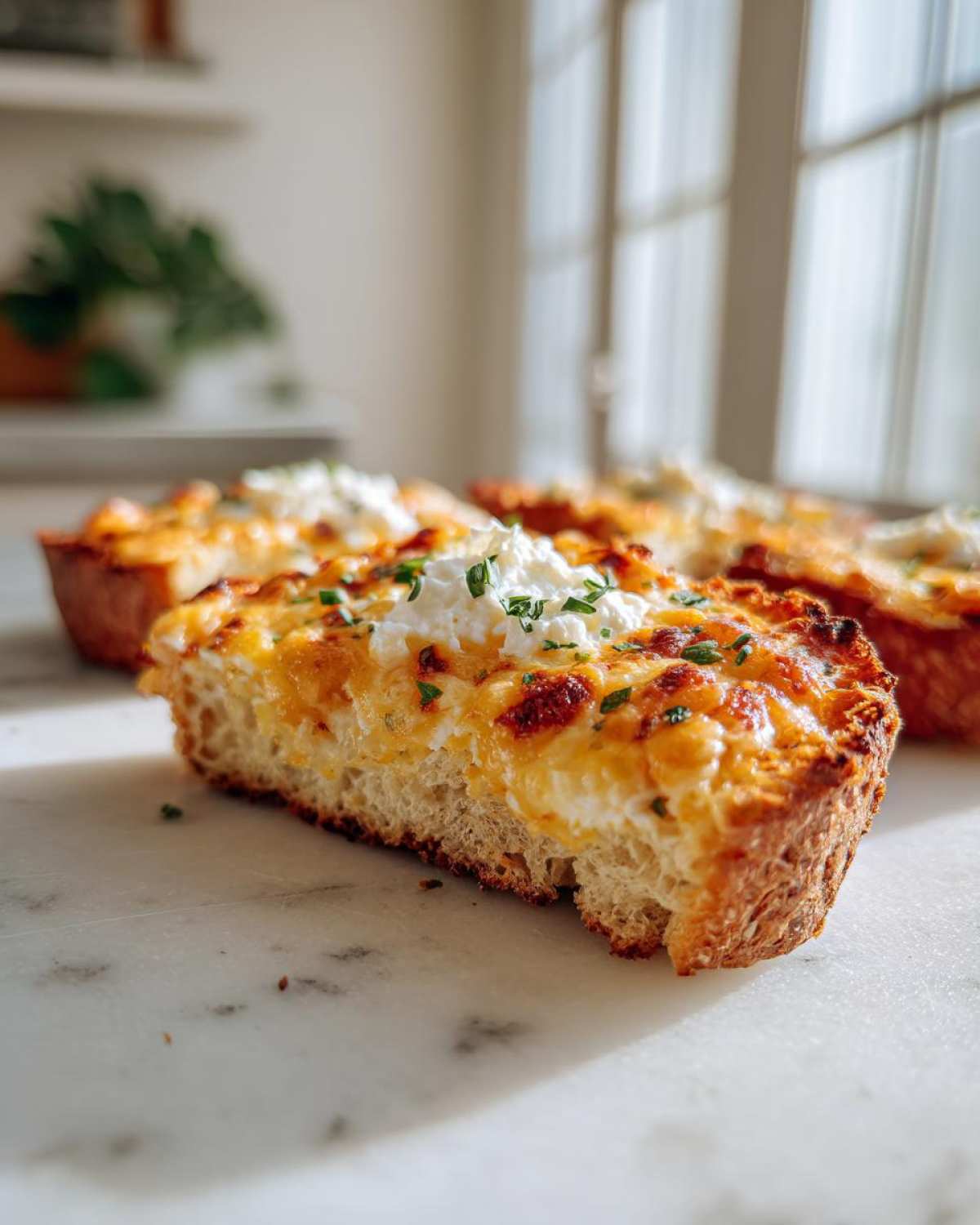 Close-up of a slice of cheesy egg toast topped with fresh cheese and chives, ready to eat.