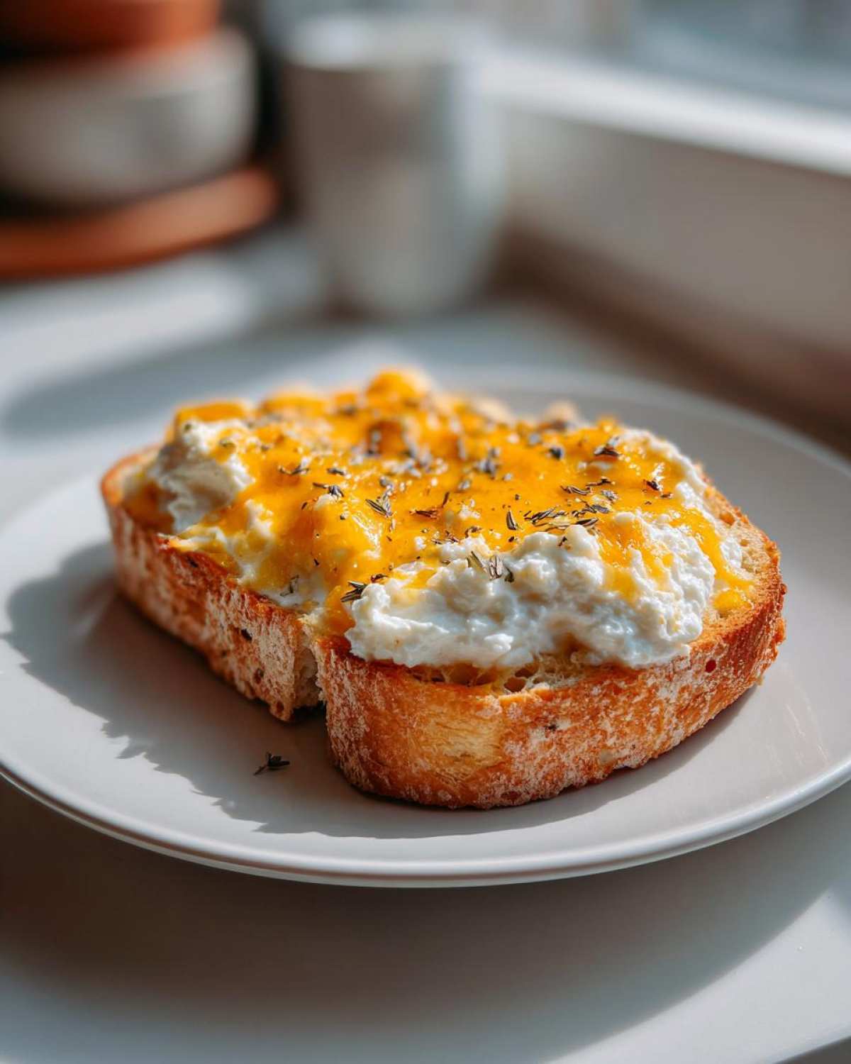 A thick slice of golden egg toast topped with creamy white cheese and melted orange cheese, sprinkled with herbs.