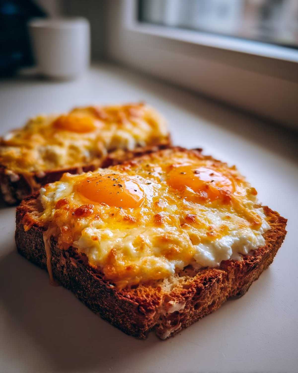 Close-up of cheesy egg toast topped with two sunny-side-up yolks sprinkled with pepper.