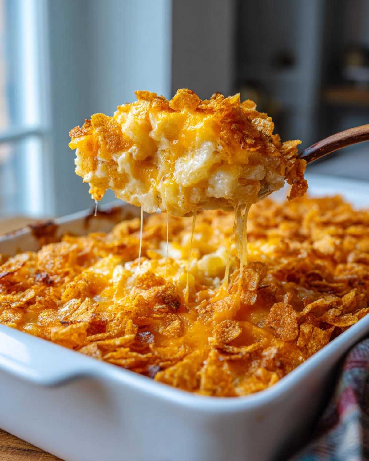 A spoonful of creamy potato casserole topped with melted cheese and crunchy corn flakes being lifted from a white baking dish.