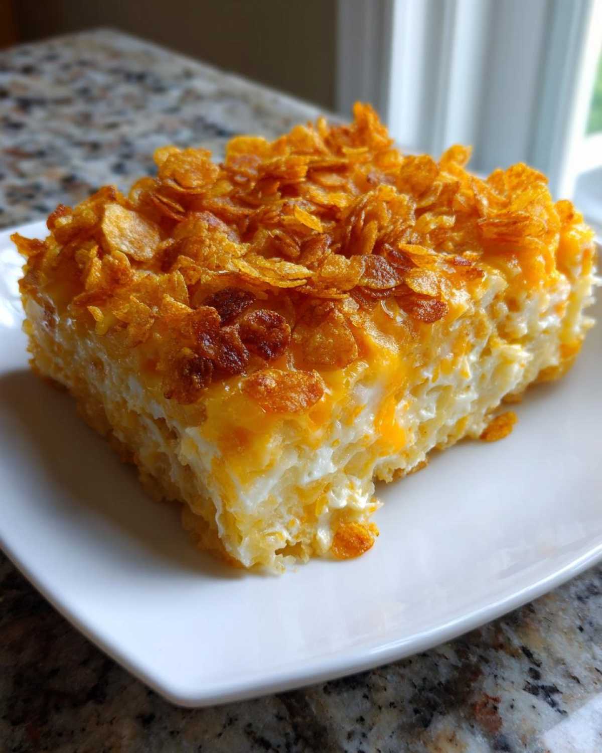 A square serving of cheesy potato casserole topped with golden brown corn flakes on a white plate.