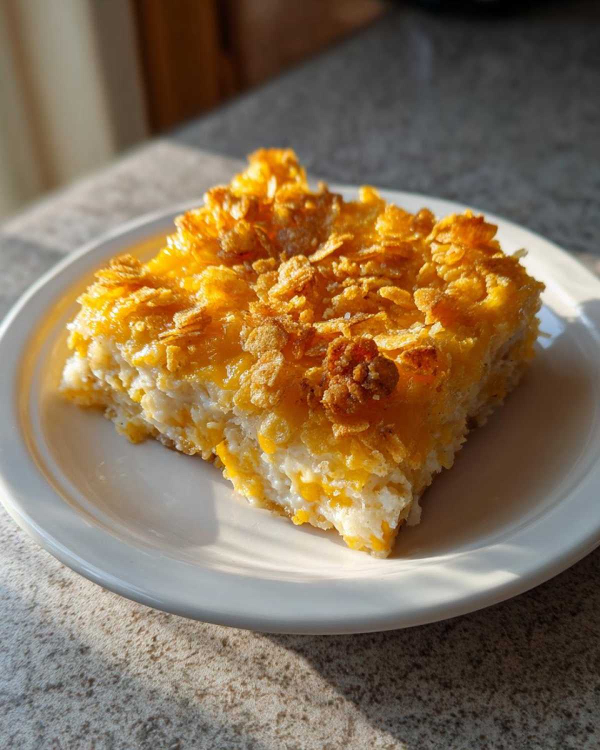 A square serving of cheesy potato casserole topped with melted cheese and crunchy cornflakes on a white plate.