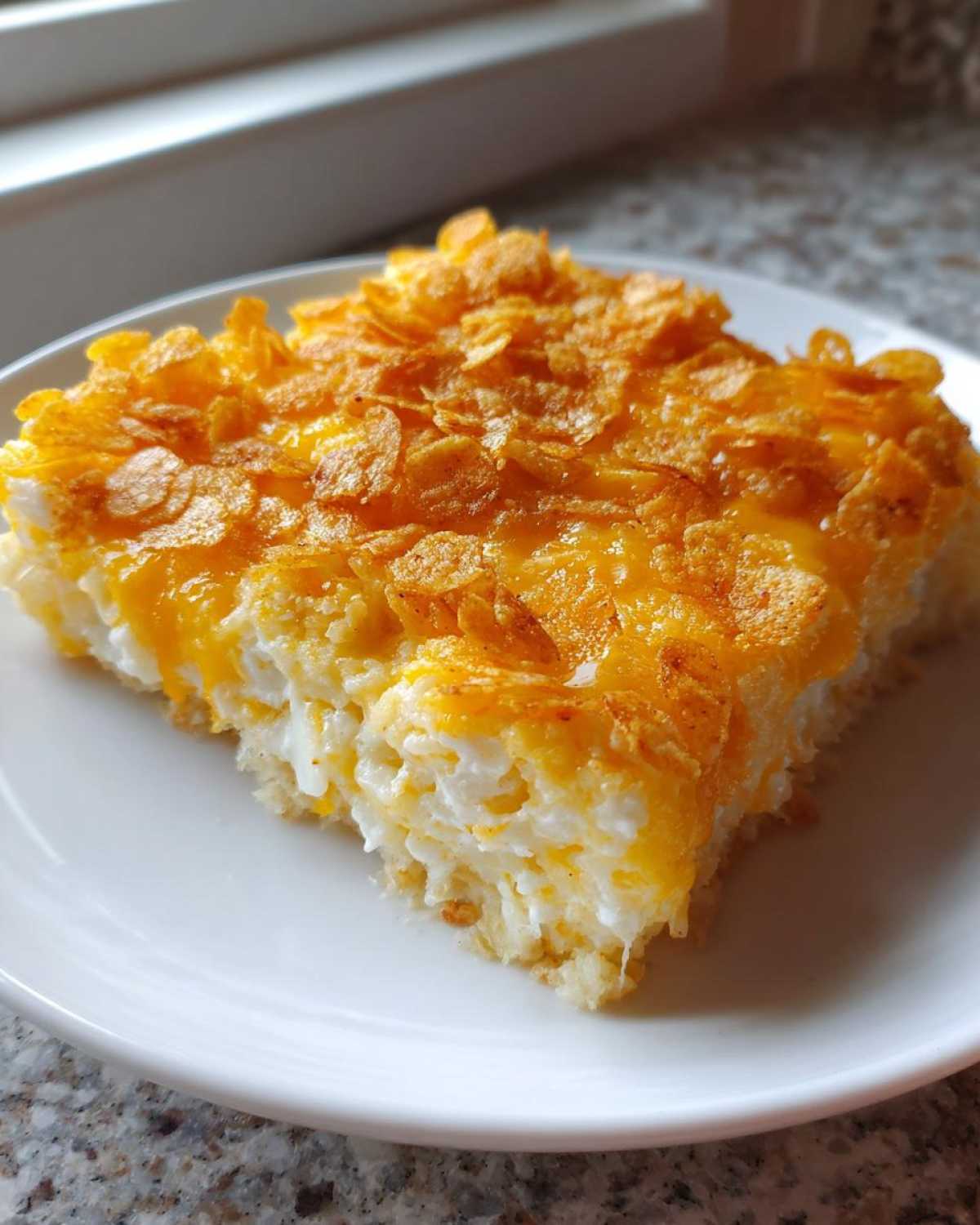 A square slice of cheesy potato casserole topped with melted cheddar and crunchy cornflakes.