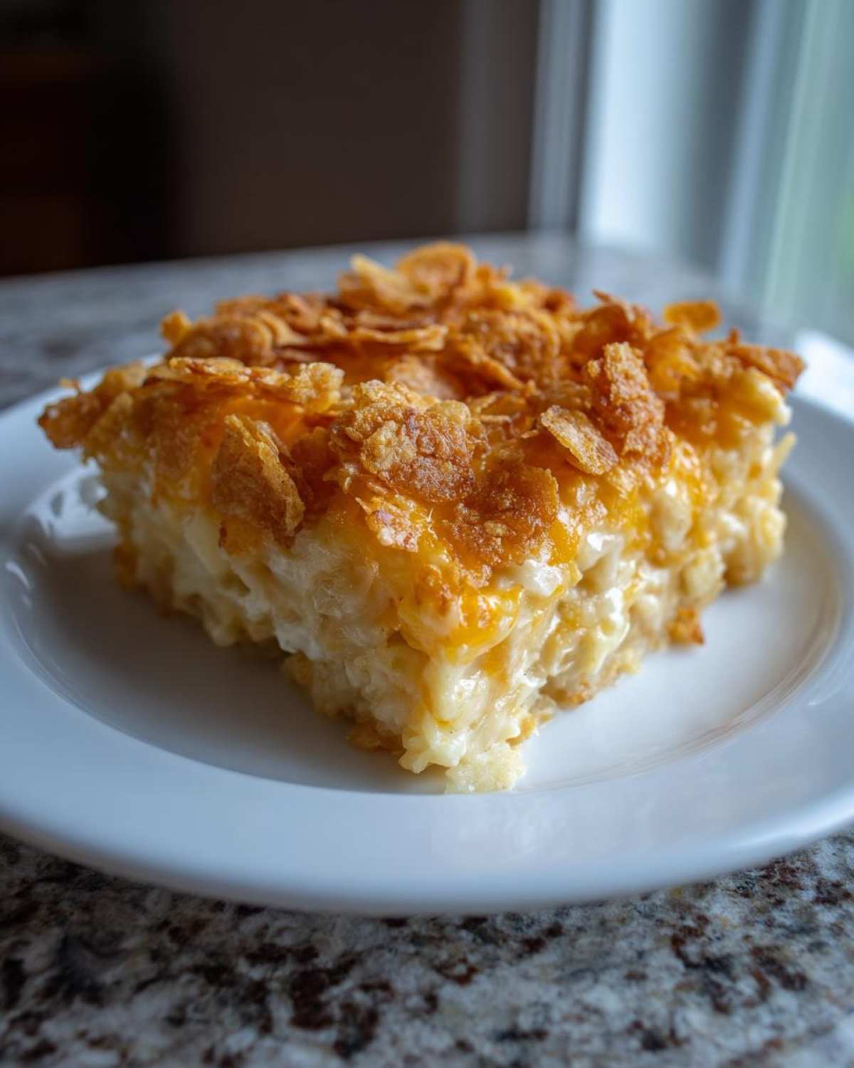 A square serving of creamy, cheesy potato casserole topped with crunchy cornflakes on a white plate.