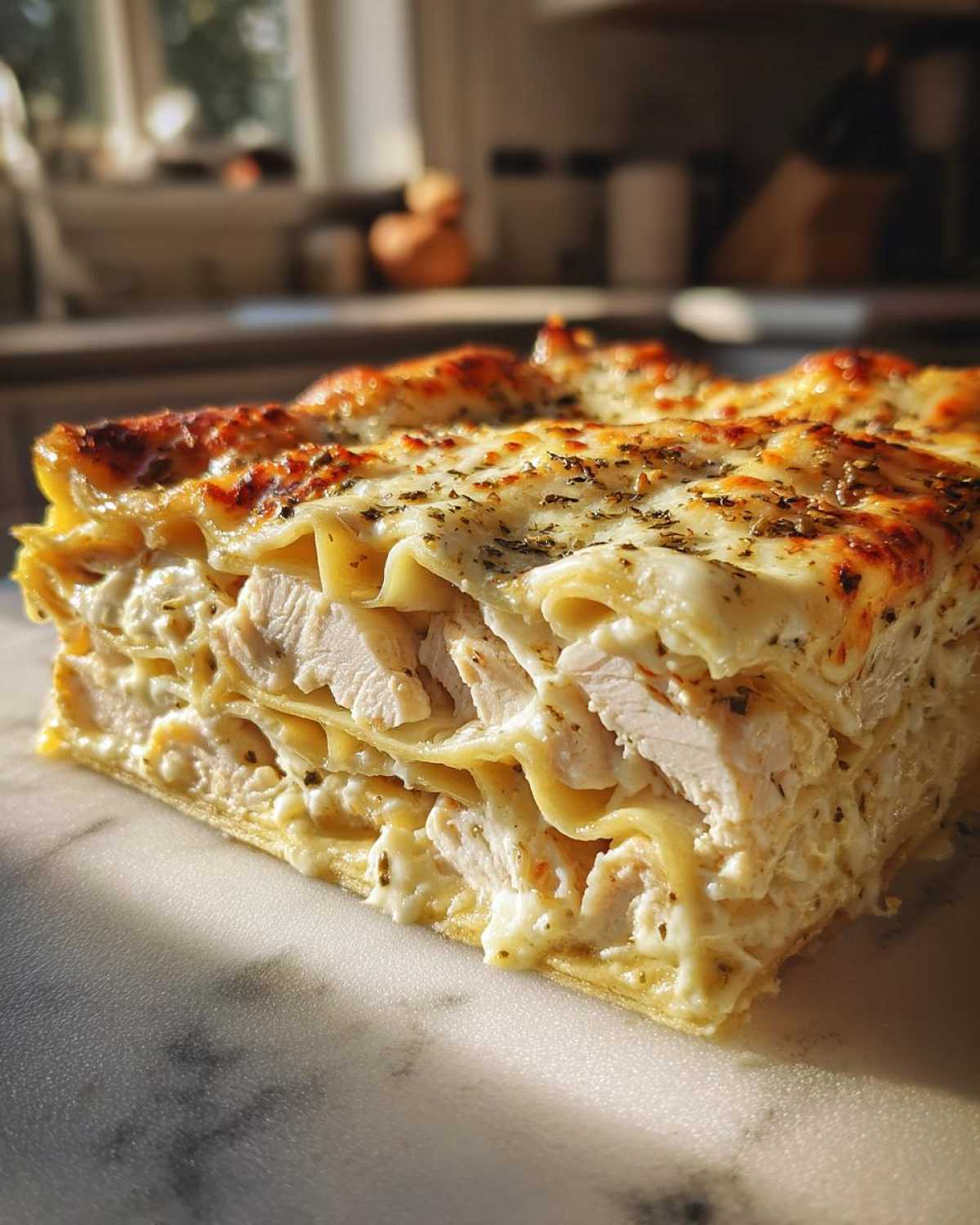 A thick slice of layered chicken alfredo lasagna showing white meat chicken, pasta, and creamy sauce, topped with browned cheese and herbs.