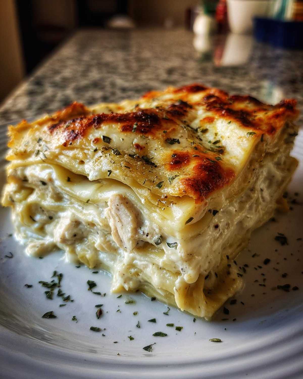 A thick, layered slice of rich chicken alfredo lasagna with a bubbly, browned cheese topping.