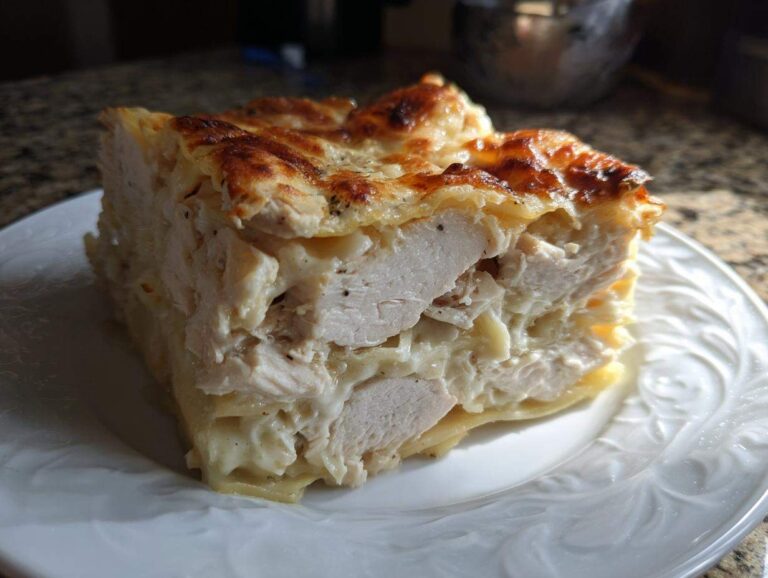 A thick, hearty slice of chicken alfredo lasagna featuring layers of pasta, creamy sauce, and chunks of white chicken meat.