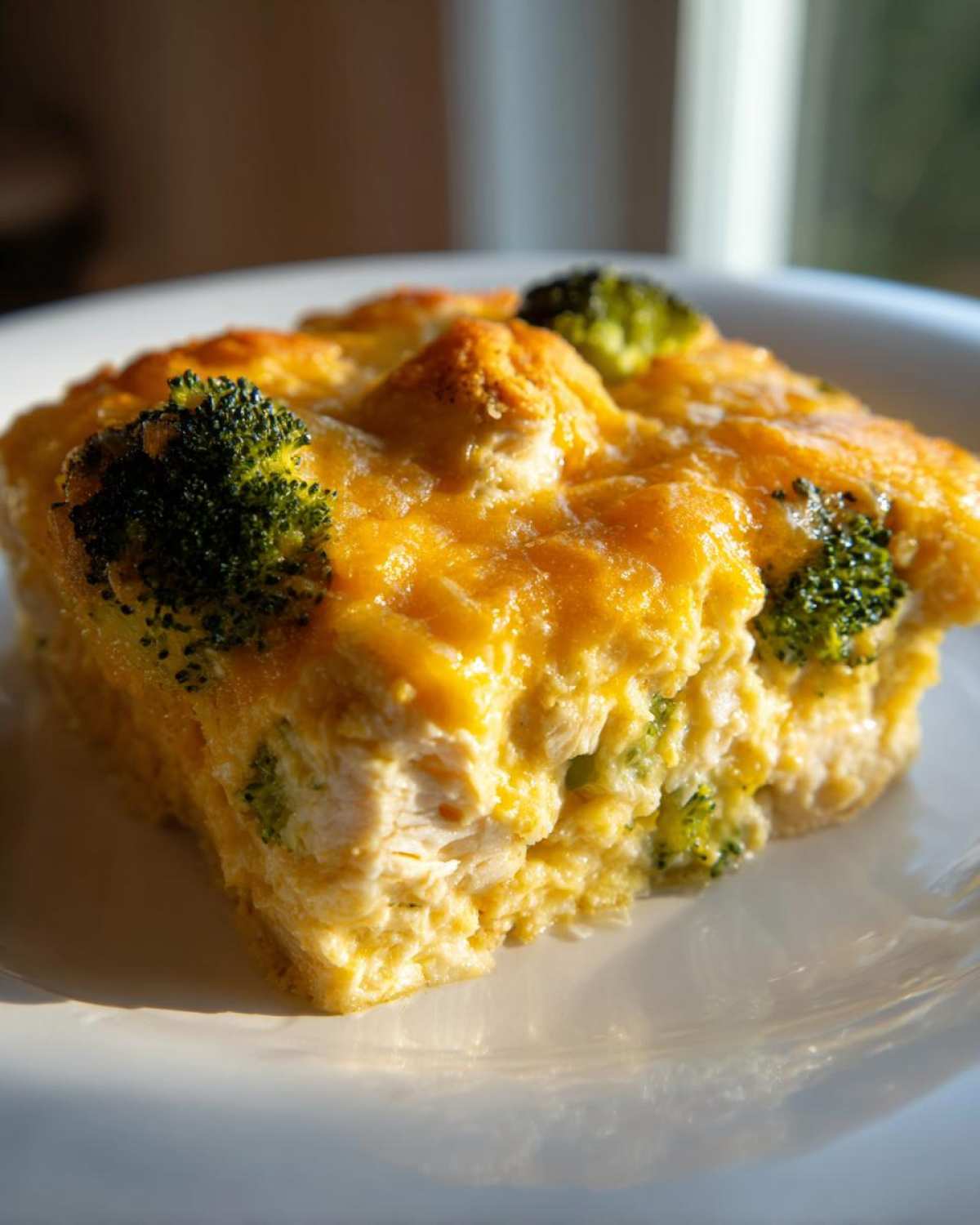 A close-up of a square serving of Chicken Divan casserole, showing layers of creamy chicken and bright green broccoli topped with melted cheddar cheese.
