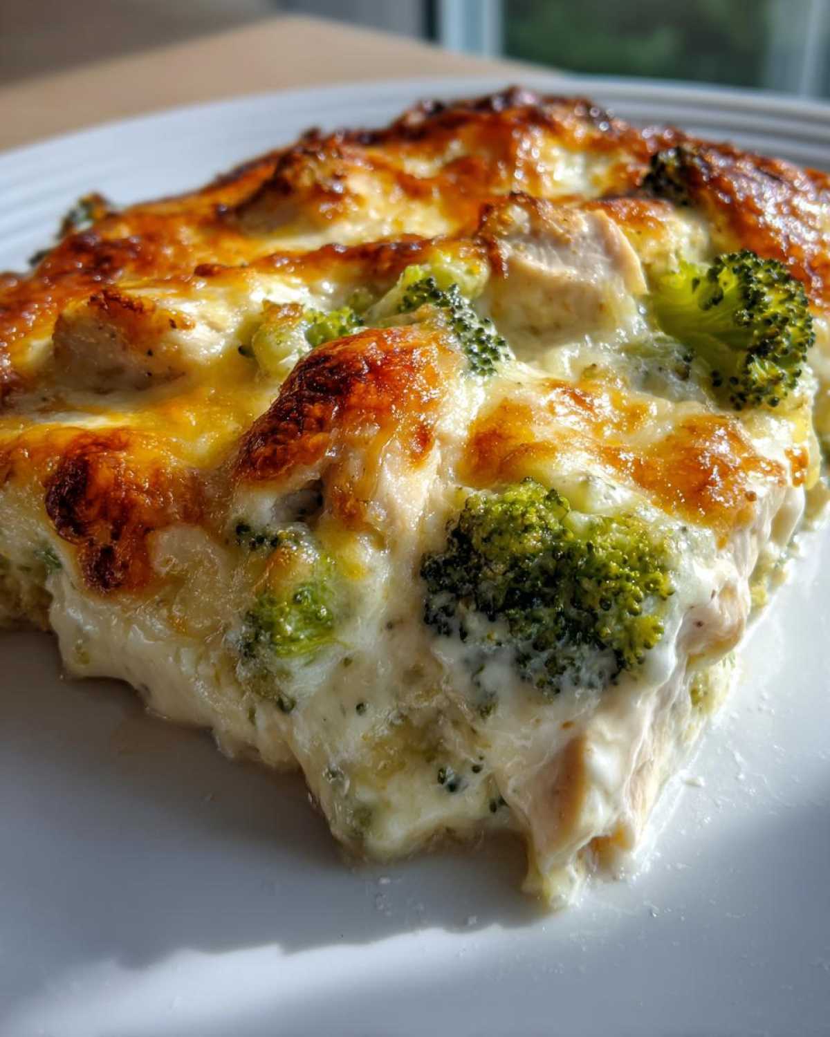 A close-up of a serving of creamy Chicken Divan casserole with broccoli florets and a golden-brown cheesy topping.