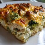 A close-up of a square slice of creamy Chicken Divan casserole topped with melted, browned cheese and visible broccoli florets.