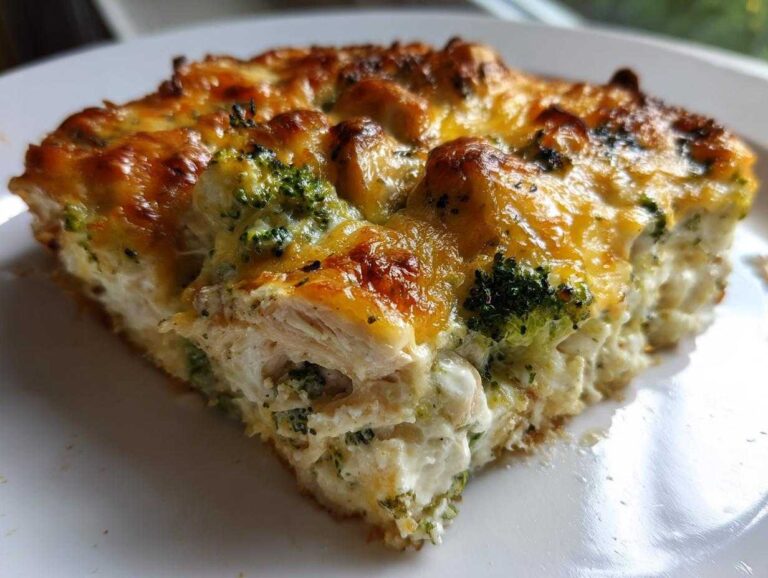 A close-up of a square slice of creamy Chicken Divan casserole topped with melted, browned cheese and visible broccoli florets.
