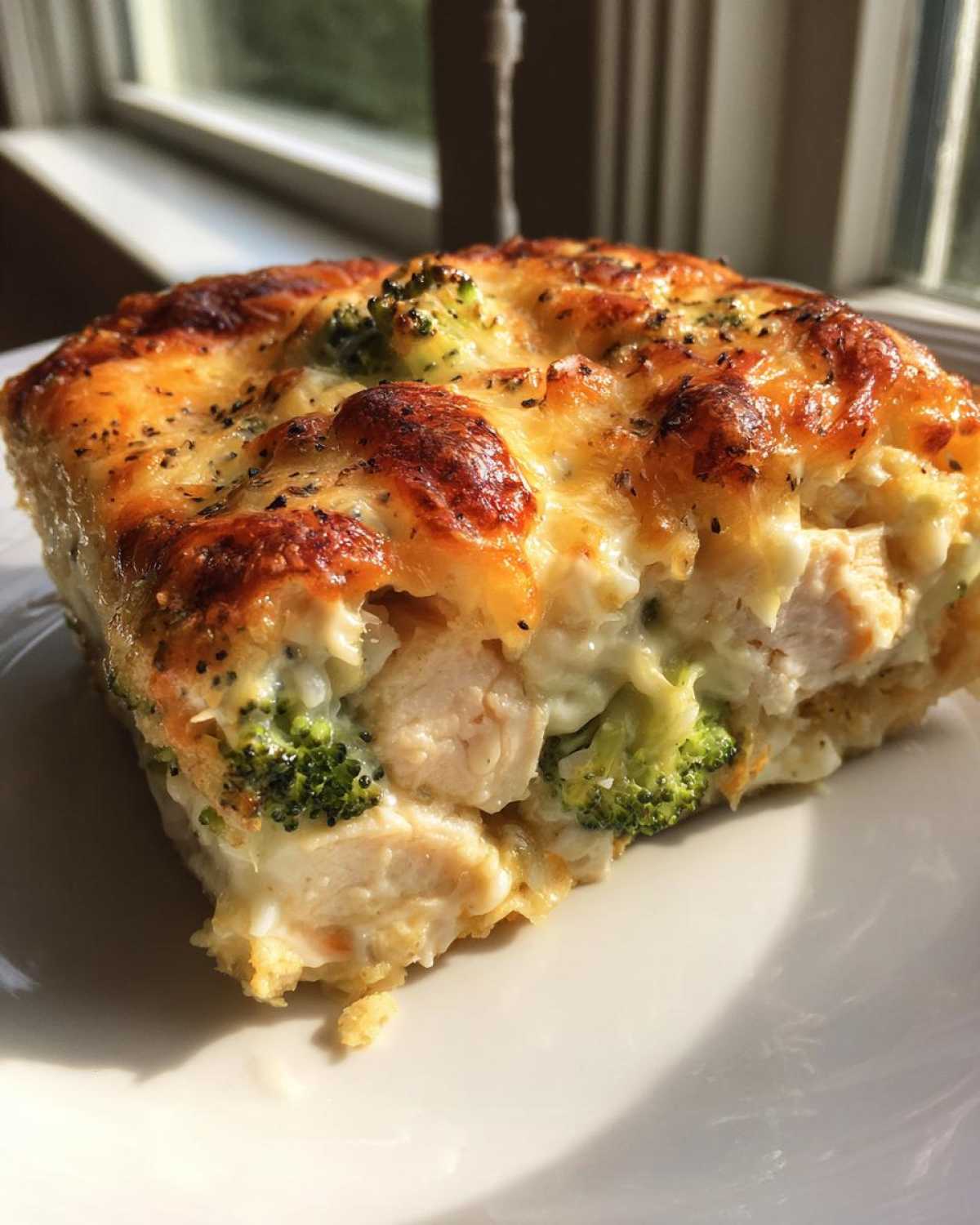 A square slice of creamy Chicken Divan casserole with chunks of chicken and broccoli, topped with melted, browned cheese.