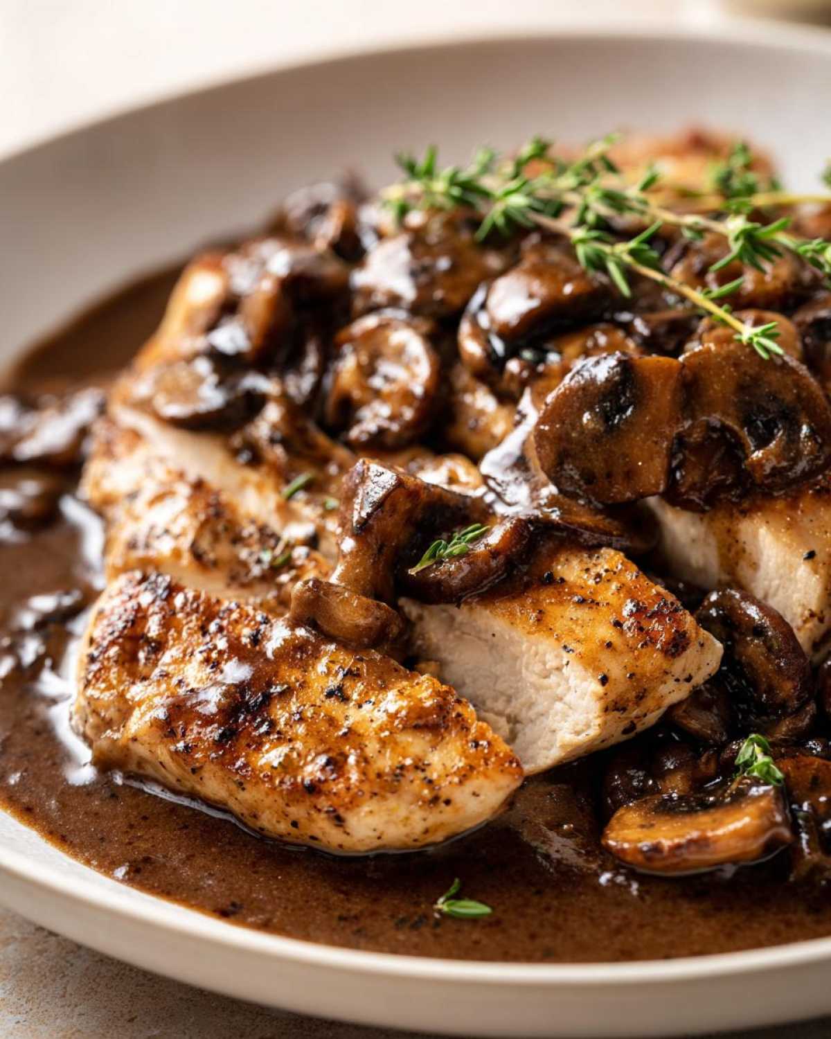 Close-up of seared chicken breast sliced and covered in rich mushroom marsala sauce and fresh thyme.