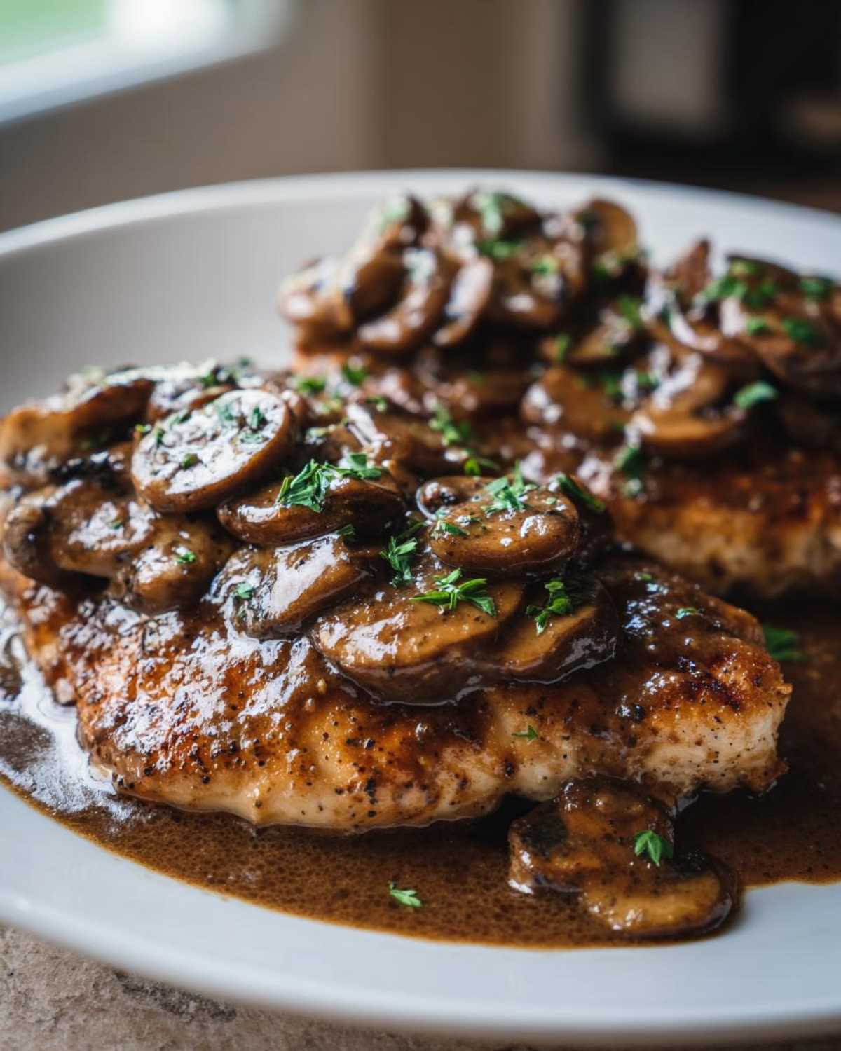 Close-up of two servings of chicken marsala topped generously with dark, savory mushroom sauce and fresh parsley.