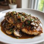 A perfectly cooked chicken breast smothered in rich brown sauce and sliced mushrooms, classic chicken marsala.