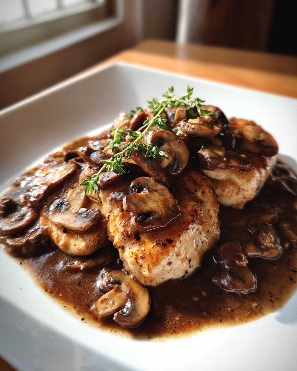 Close-up of pan-seared chicken marsala topped with rich mushroom sauce and fresh thyme sprigs.