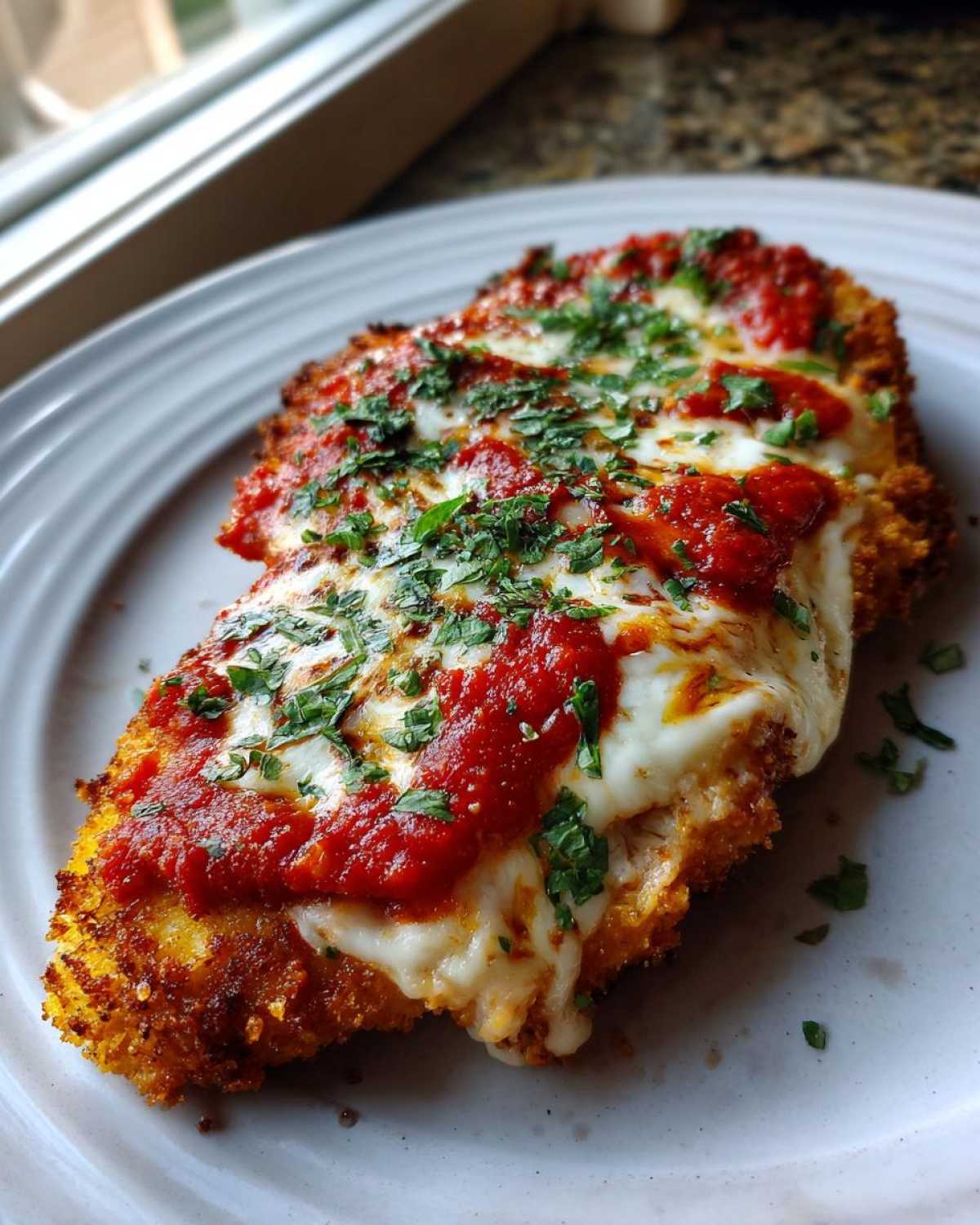 A close-up of a crispy, breaded chicken parmesan recipe topped with melted mozzarella and marinara sauce, garnished with parsley.