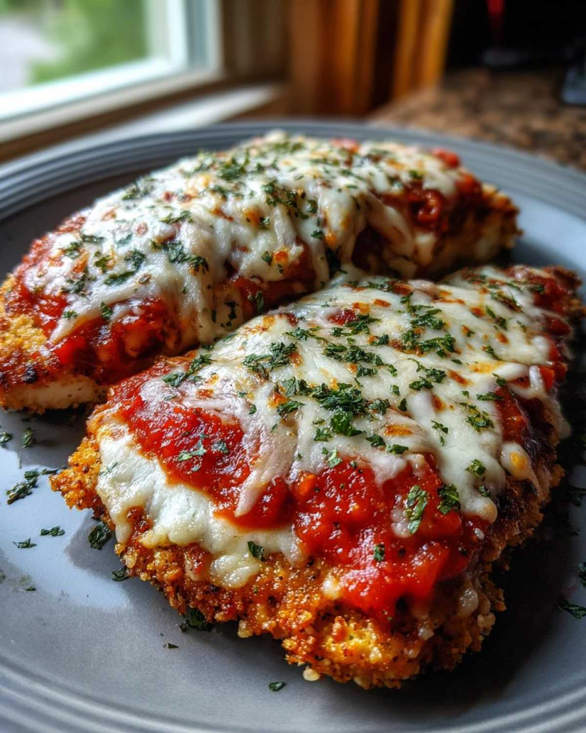 Two golden-brown breaded chicken cutlets topped with marinara sauce, melted mozzarella, and parsley for a delicious chicken parmesan recipe.