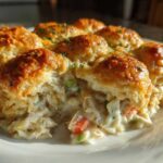 A close-up of a serving of chicken pot pie casserole topped with golden biscuits, showing creamy filling with chicken and vegetables.