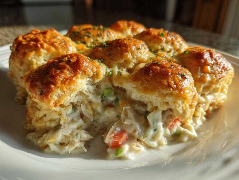 A close-up of a serving of chicken pot pie casserole topped with golden biscuits, showing creamy filling with chicken and vegetables.