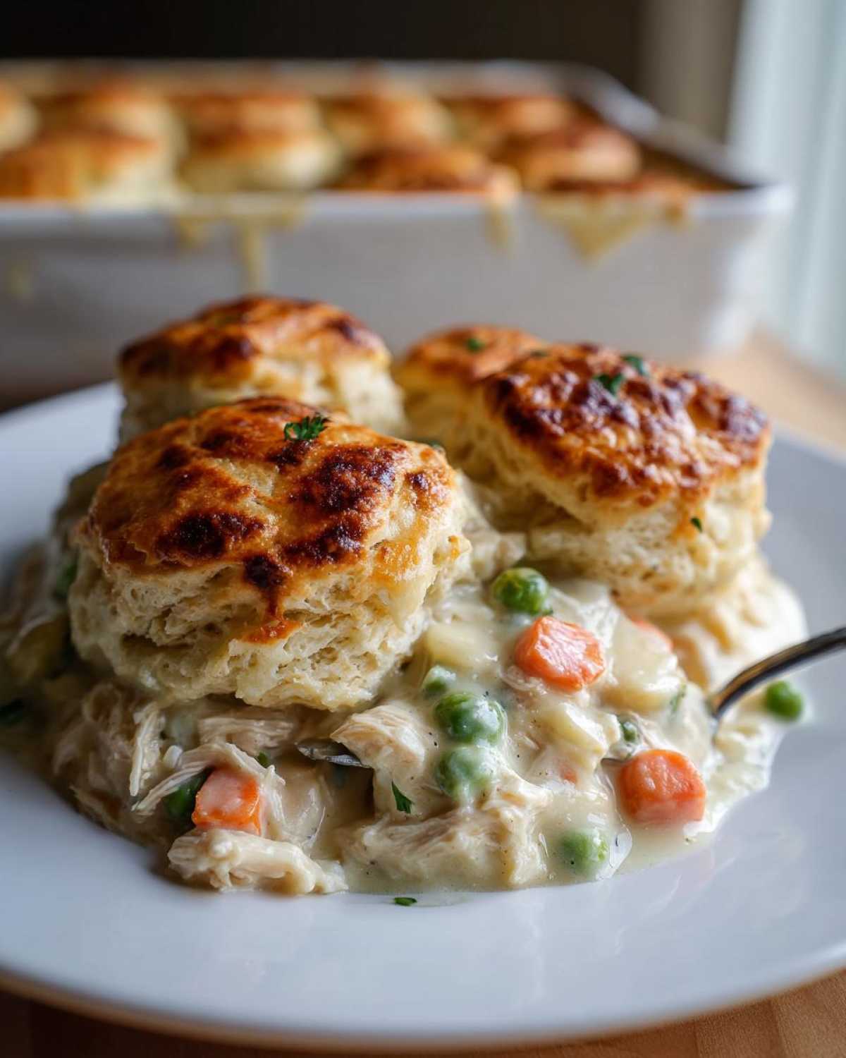 A serving of creamy chicken pot pie casserole topped with three golden biscuits on a white plate.