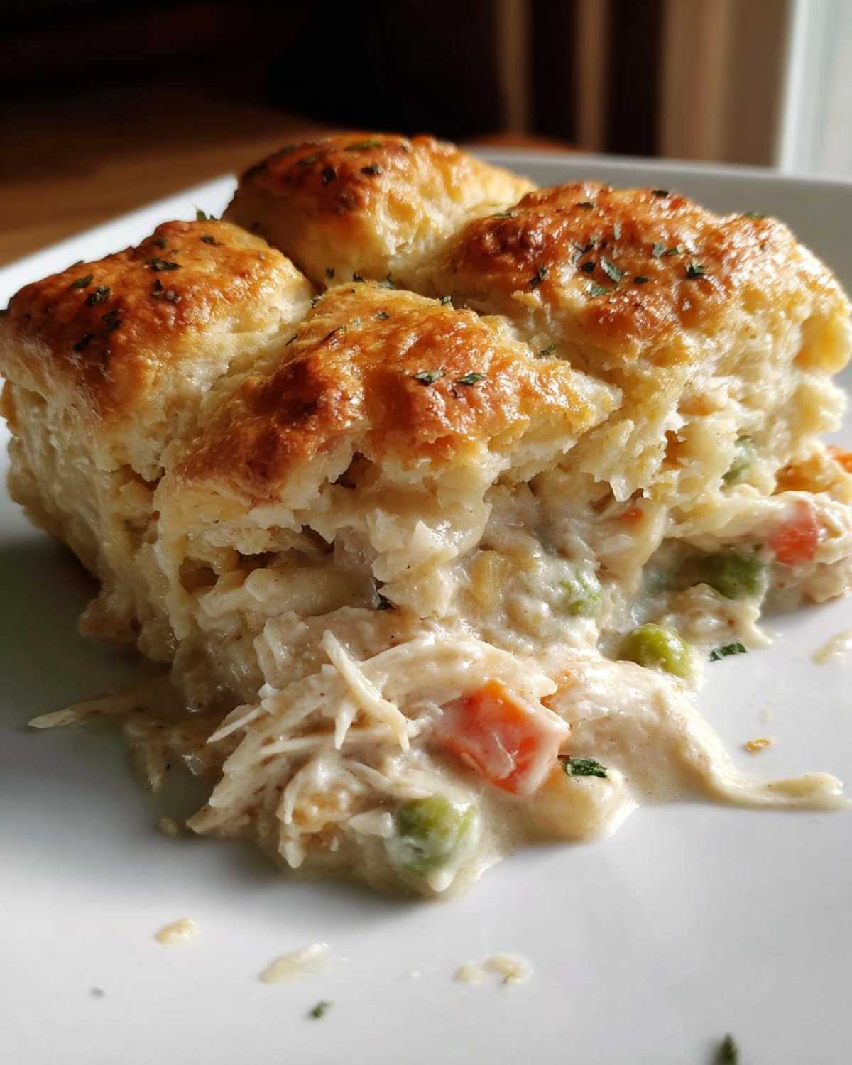 A close-up serving of creamy chicken pot pie casserole topped with golden herbs and sprinkled with herbs.