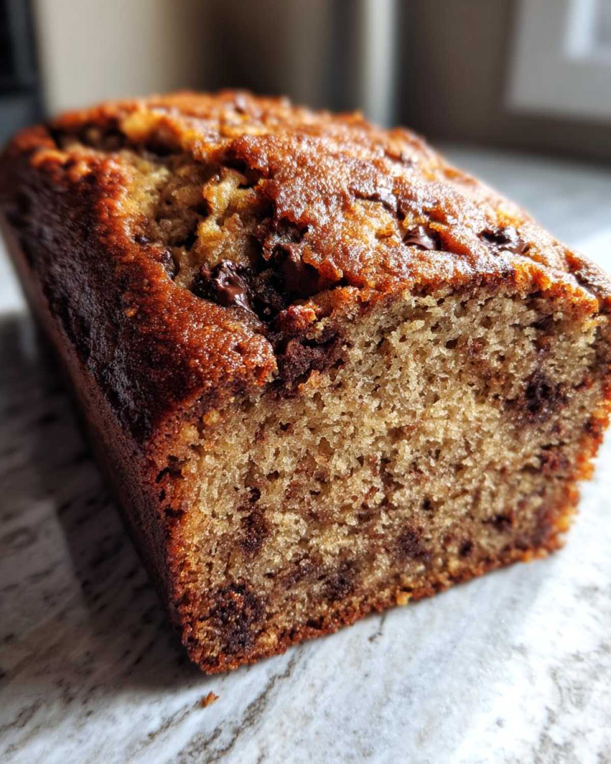 A close-up, end view of a freshly baked vegan banana bread loaf studded with chocolate chips.