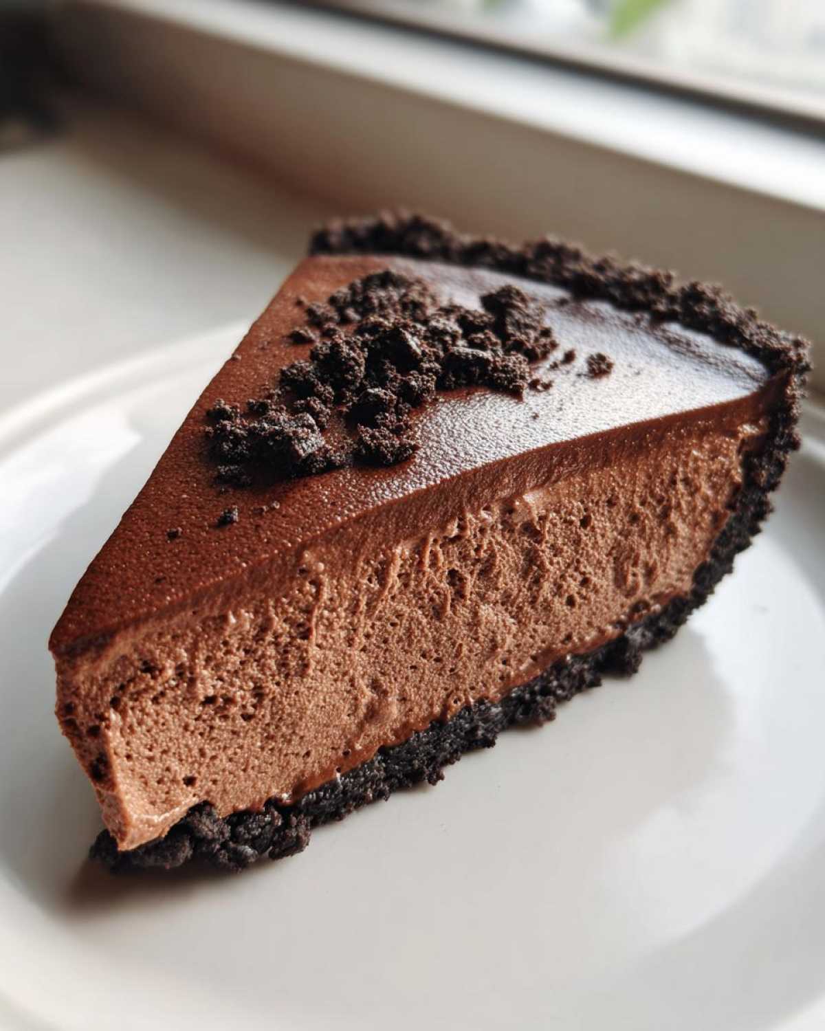 A perfect slice of rich chocolate mousse pie with a dark crust, sitting on a white plate.