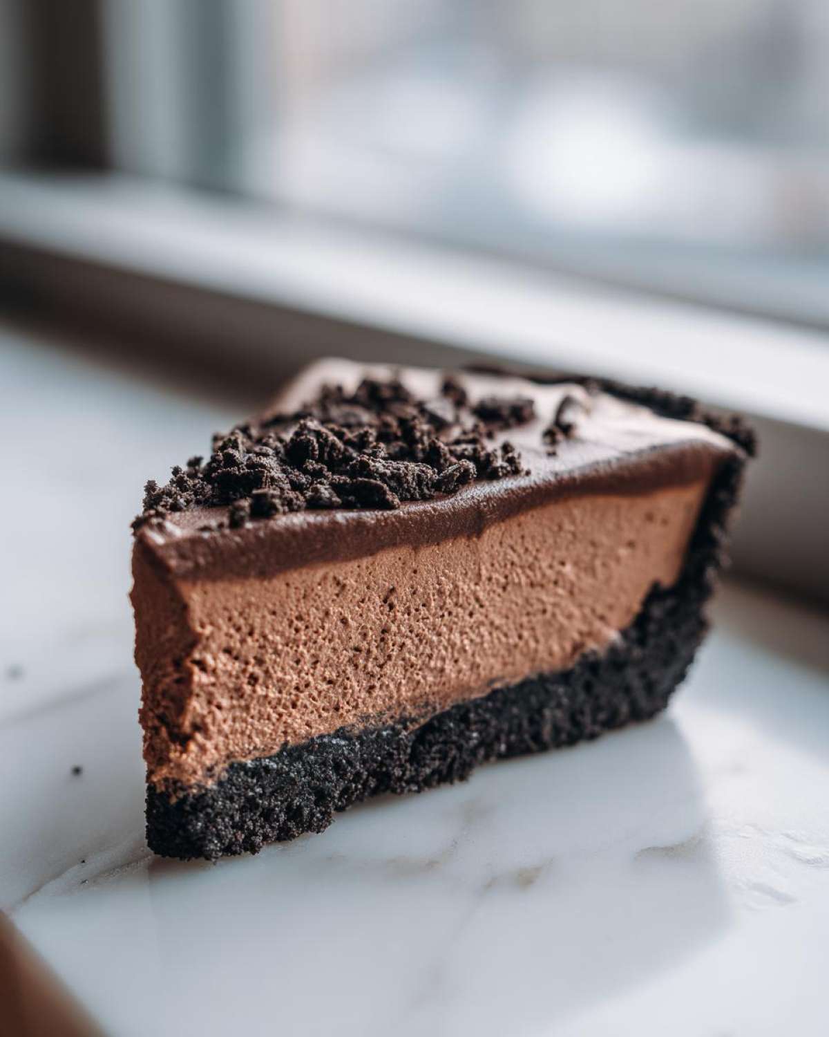 A close-up slice of chocolate mousse pie featuring a dark crust, light brown mousse filling, and crumbled topping.