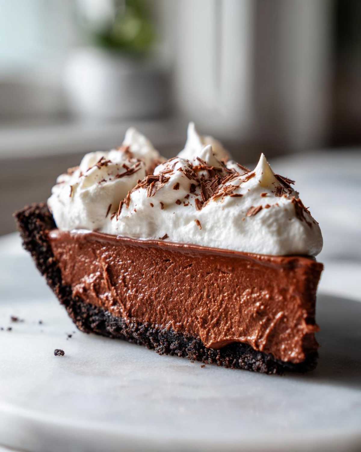 A close-up of a decadent slice of chocolate mousse pie with a dark crust, topped with whipped cream and chocolate shavings.