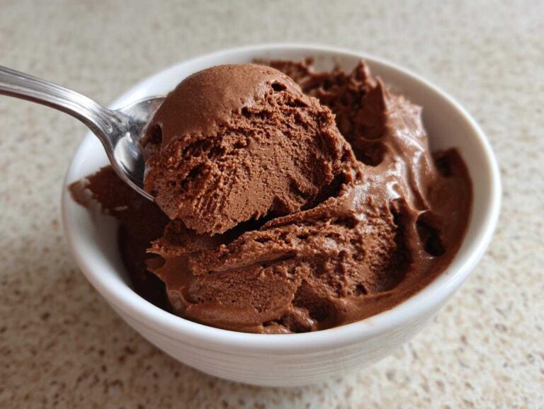 A spoonful of rich, airy chocolate mousse being lifted from a white bowl.