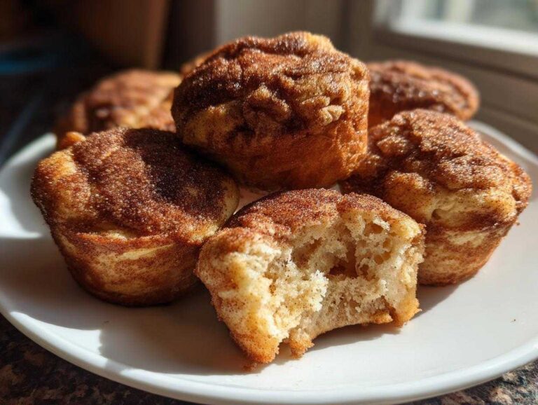 A plate of freshly baked cinnamon sugar french toast muffins, one of which has a bite taken out showing the soft interior.
