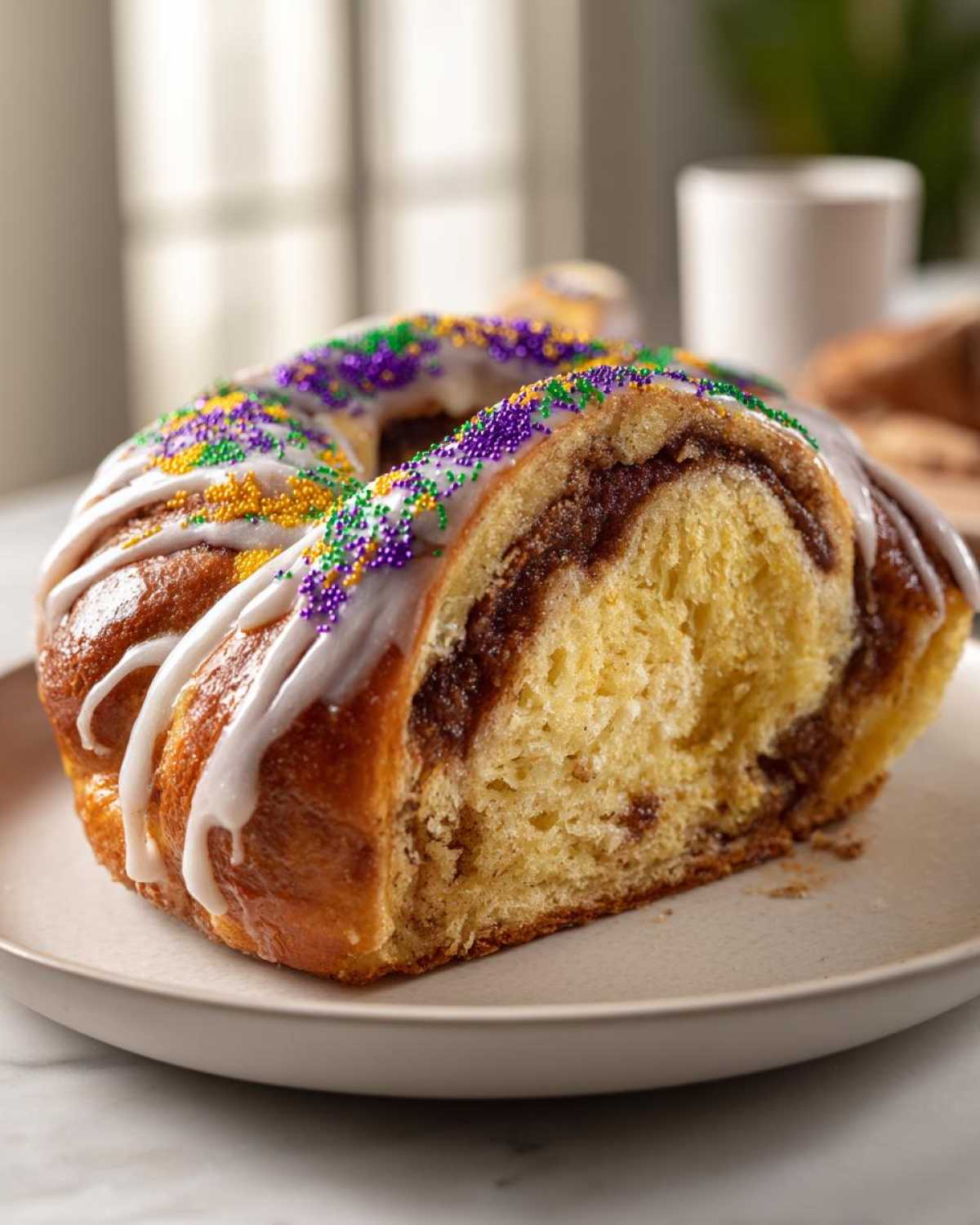 A close-up of a slice of cinnamon-filled king cake topped with white icing and Mardi Gras colored sprinkles.