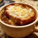 Close-up of a bowl of rich french onion soup topped with a toasted crouton covered in melted, bubbly cheese.