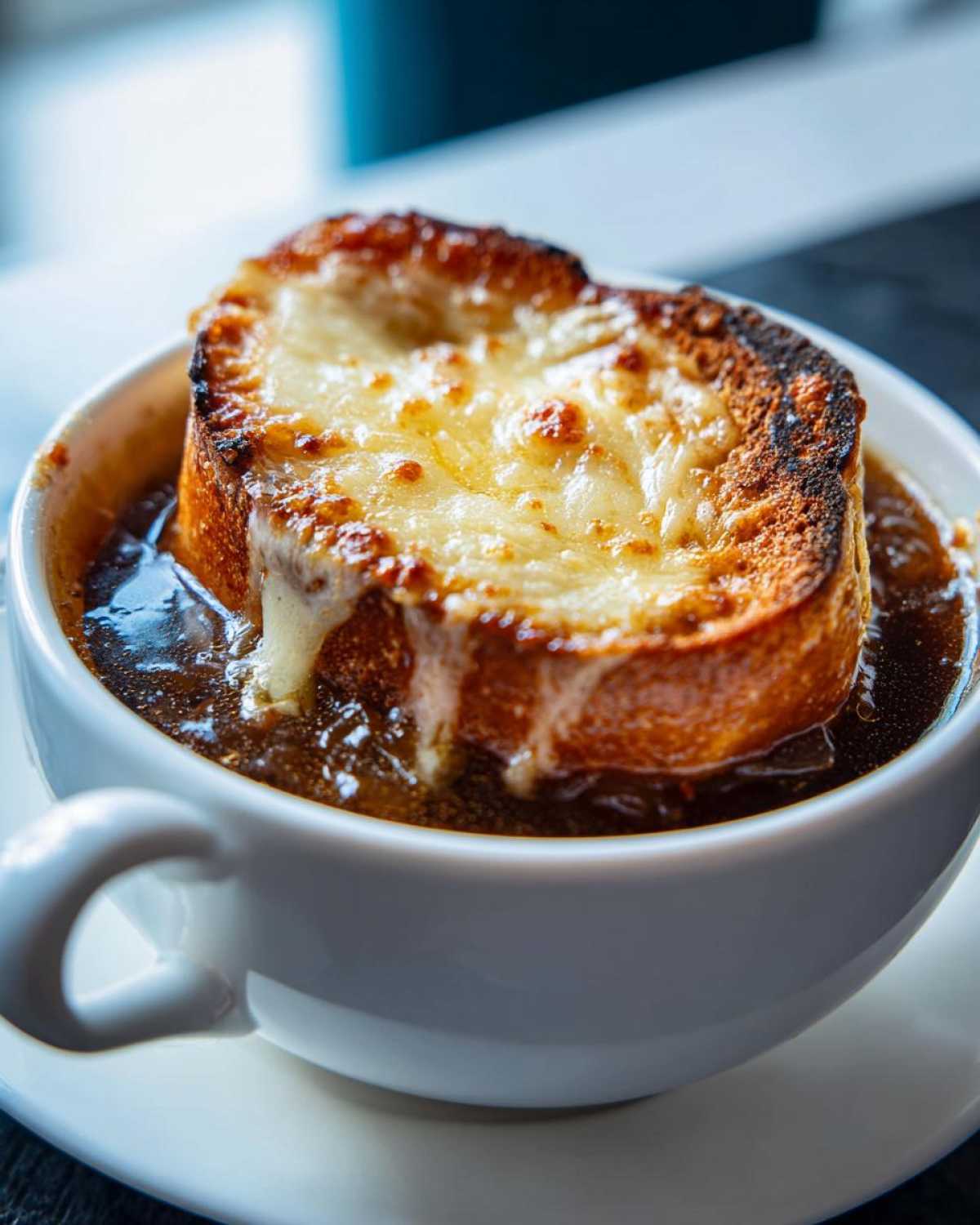 Close-up of a steaming bowl of rich french onion soup topped with a thick, cheesy, broiled crouton.