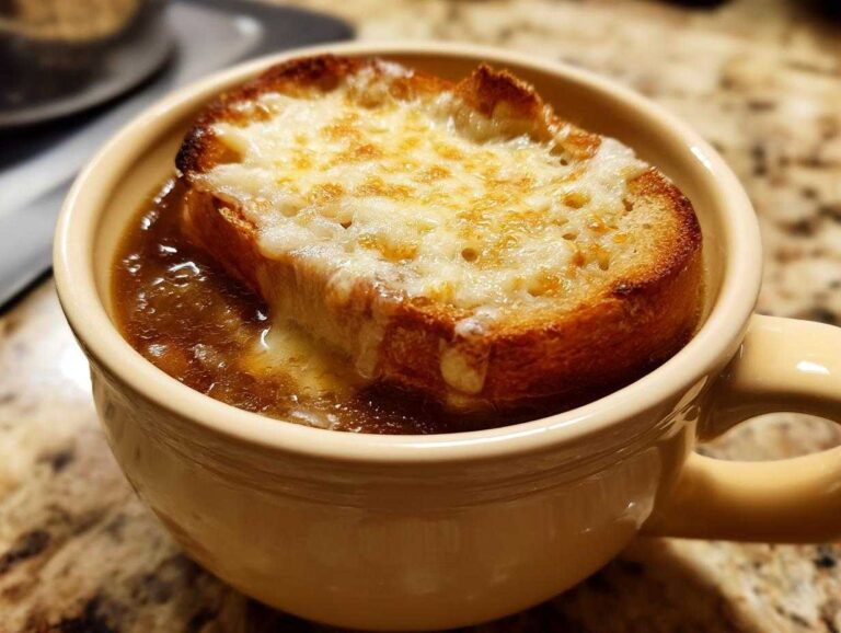 Close-up of a bowl of rich french onion soup topped with a toasted crouton covered in melted, bubbly cheese.
